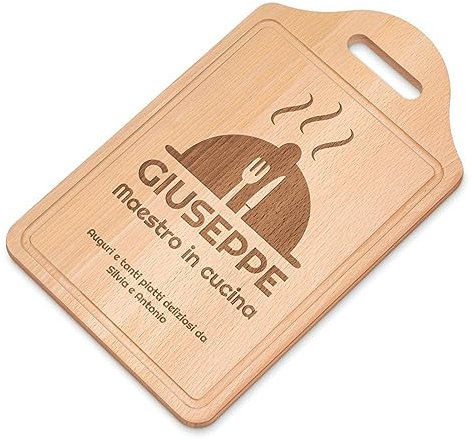 Maverton Tagliere rettangolare di legno incisione personalizzata - Battilardo con manico - Set per cucina - tagliere classico per aperitivi per uomo - 38 x 23 cm - Auguri