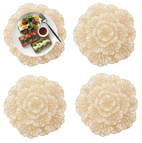 Spldsun 4 Pezzi Oro Tovagliette, Tovagliette Rotonde Scavate, Tovagliette in PVC isolanti Vuoti, per L'isolamento Termico Piatto della cena e della Decorazione della Tavola (Fiori, Oro)