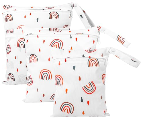 Newofview 3 Stück wasserdichte Stoffwindeln Nasstaschen,Große Wickeltasche Wetbag Wiederverwendbare,Cartoon-Druck Wet Dry Cloth Windeltasche mit Reißverschluss für Baby Reisen Unterwegs