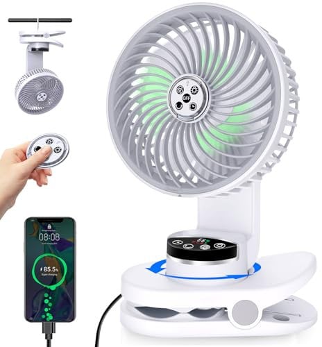 TDONE Rechargeable 8 Inch Clip-On Desk Fan With 9 Speeds, Auto-Oscillation, Atmosphere Light, USB-C Powered for Office, Desktop, Outdoor