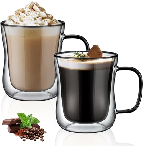 ecooe Einzigartige Schwarz Gläser 350ml Doppelwandige Kaffeegläser Latte Macchiato Gläser 2er Set, Doppelwandig Kaffeeglas Teegläser mit Henkel für Cappuccino,Geschenk für Männer Frauen