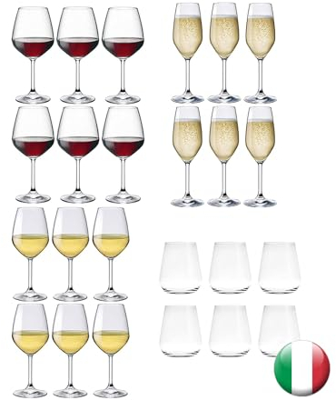 EUPOSIA - Mise en place - Service x6 Pax, 24 pièces, Set complet, Verres à vin blanc 44 cl., Verres à vin rouge 53 cl., Flûte Champagne 24 cl., Verres à eau 35 cl. - Fabriqué en Italie