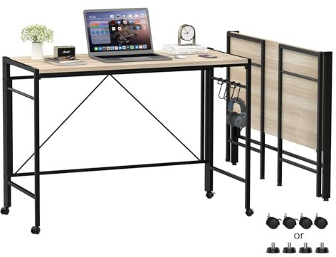Scrivania Pieghevole Salvaspazio, 110x50x75cm Tavolo Pieghevole per PC, Scrivania Richiudibile con Ruote, Scrivania da Ufficio, Tavolo da Studio Porta PC Stabile e Salvaspazio (Colore legno)