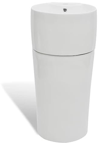 Lavabo de pie de cerámica con grifo y orificio de rebosadero - Lavabo redondo blanco para baño y cocina, duradero y fácil de limpiar