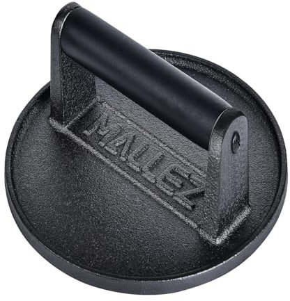 Mallez Cast Iron Smashed Burger Press, 6.5 Round Heavy-Duty Burger Smasher with Black Wood Handle for Hamburger, Griddle, Sandwich, Nonstick Pan, BBQ
