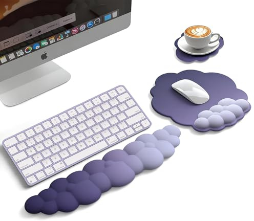 Cloud Wrist Rest Set, Keyboard Wrist Pad and Mouse Pad with Coaster, PU Leather & Memory Foam Ergonomic Support for Office Gaming Computer Laptop, Comfort Cushion for Wrist & Palm (Purple)