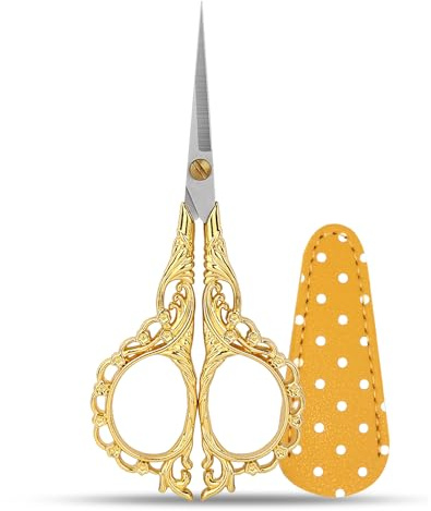 Vintage Stickerei Schere, Gold Edelstahl Stickschere Klein Scharf scharfe Handwerk Schere mit PU Abdeckung für Stoff Faden Nadelbearbeitung