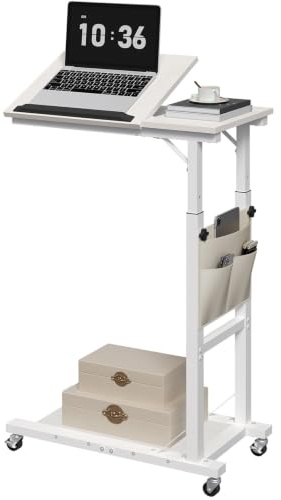 MAHANCRIS Overbed Table with Wheels, Mobile Bedside Table, Laptop table | Height-Adjustable Bed Table with Side Pockets, Angle-Adjustable Panel, for Meals, Reading, Hospital Use, and Laptop Work