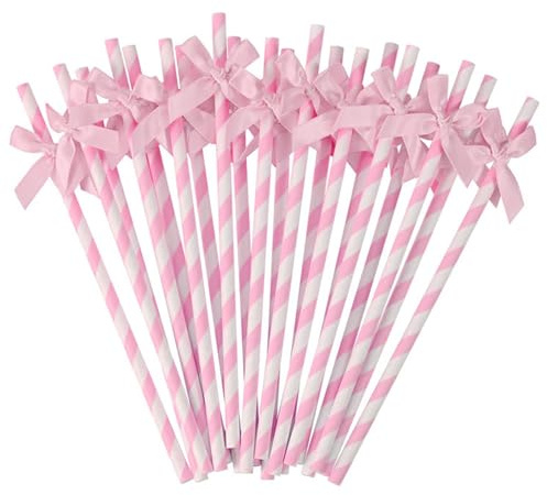 SYEYCW 30 Pièces Pailles Papier Décoratives Roses et Blanches avec Nœud, Décoratives pour Jus et Smoothies, pour Boissons, Gâteaux, Fête, Anniversaire et Célébrations