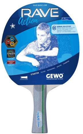 GEWO Rave Action Tischtennisschläger - Kontrollierter Anfänger-Tischtennisschläger - Komplettschläger mit Raver Belag, hohe Kontrolle und Geschwindigkeit, konkav, 1,5mm Dicker Schwamm
