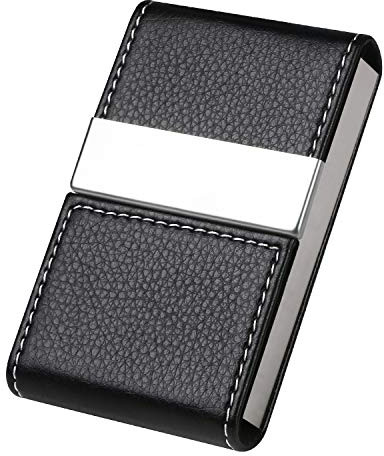 flintronic® Porte-Cartes de Visite | Porte-Cartes de Crédit en Cuir PU, Boîtier d'identité Ultra-Mince en Acier Inoxydable pour Hommes/Femmes | Double Boucle Magnétique Ouverte - Noir