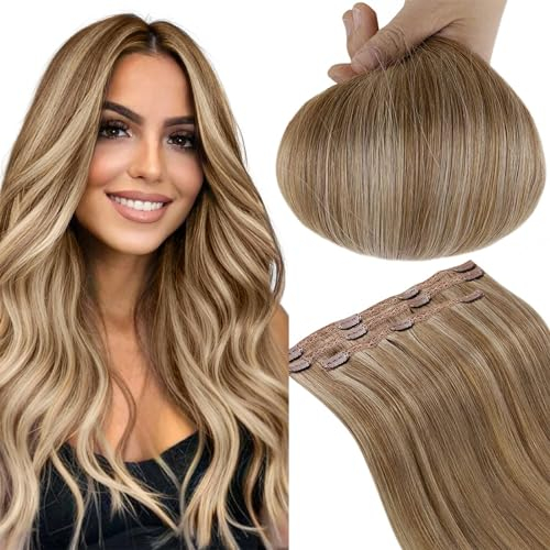RUNATURE Clip on Extensions Blond mit Goldblond Clip in Haarverlängerung Echthaar Remy Haar Extensions 40cm 16 Zoll #10P16 50g 3 Stück