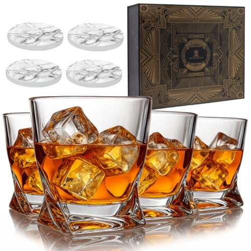 Krown Kitchen - 4-teiliges Whisky Gläser Set — Highball-Rocks-Glasbecher-Whiskey-Set—perfekt für Bourbon, Cocktails und Scotch. Enthält Geschenkbox und Keramik-Stein-Untersetzer. 300ml Kapazität