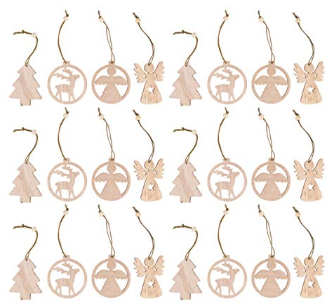 Amosfun 24 Stücke Baumschmuck Christbaumschmuck Weihnachten Holzanhänger Geschenkanhänger Tags Weihnachtskugeln Holz Schneeflocken Rentier Engel Weihnachtsbaum Anhänger
