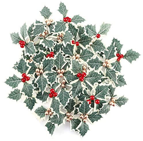 YGCHEN Foglie di Agrifoglio 20 Pezzi Frutta Artificiale Piccoli Frutti di Bosco Bacche di Agrifoglio con Foglie Verdi la Decorazione della Festa di Natale L'Albero di Natale Festival Decorazioni
