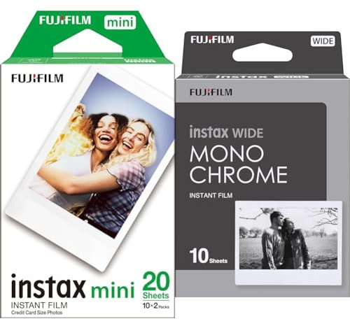 Fujifilm instax mini instant film White Border, 20 Count, suitable for all instax mini cameras and printers & instax WIDE instant Film Monochrome, 10 shot pack