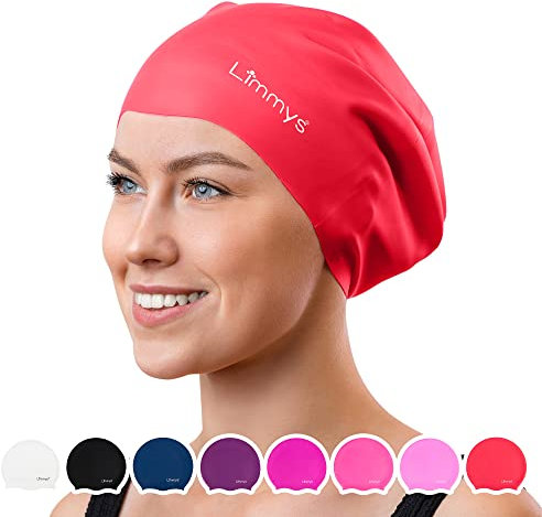 Limmys Gorro de Natación de Adulto con Pelo Largo – Gorro de Piscina 100% Silicona – Gorro de Piscina de Hombre y Mujer Cómodo, Elástico Gorros de Natación (Grande, Roja)