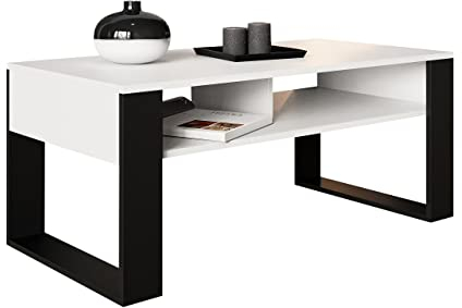 MeblePitus.pl Artisan-Couchtisch, Retro-Loft-Bank, offenes Doppelregal, Kufenbeine, ideal für Kaffeekränzchen, laminierte Platte, große Oberfläche, garantierte Stabilität., Weiß 3