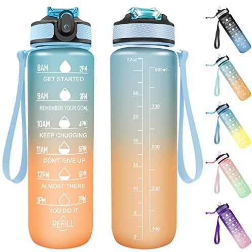 Invool Sports Water Bottle, 1 Litre Water Bottle with Straw & Time Markings, BPA Free, Leakproof & Secure Locking Lid, Tritan Plastic Drink Bottle for School/Cycling/Camping/Running(Blue Orange)
