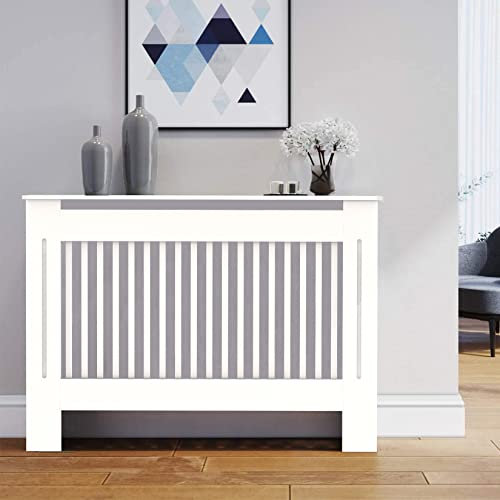 FATIVO Cubierta de Radiador Blanca Moderna: Cubreradiadores de Madera Cubre Radiador de MDF Estante para Radiador (111 x 19 x 92 cm, Vertical)