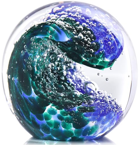 Mundgeblasene Glaskugel aus Glas, Motiv: Ozeanwellen, Stranddekoration, Bürodekoration, blauer Briefbeschwerer, ideale Stranddekoration für Zuhause, Eignung, Meer, Villa, Aquarium, Ozeanliebhaber,
