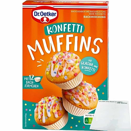 Dr. Oetker Backmischung für bunte Konfetti Muffins mit Backförmchen und Glasur (325g Packung) + usy Block