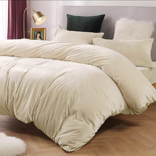 Michorinee Winter Plüsch Bettwäsche Set 200x200 Cashmere Touch Flauschig & Warme Coral Fleece Uni Bettbezug mit Reißverschluss - Beige | 200 x 200 cm + 2 x 80 x 80 cm
