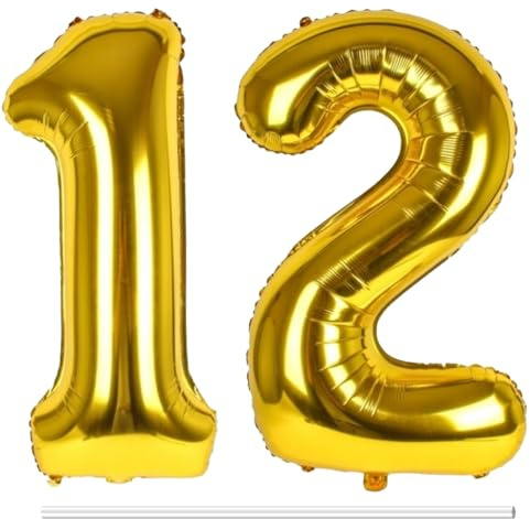LAPONO Luftballon 12 Gold, XXL Zahlen Folienballon, Helium & Luft geeignet | Partydeko für Erwachsene, Aluminiumfolie, selbstschließendes Ventil, Aufblashalm inklusive, Aufhängelöcher, Metallic-Optik