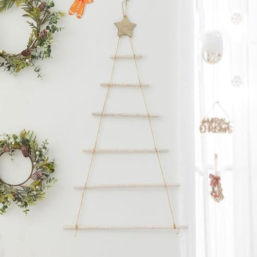 LQQDREX Árbol de escalera de madera con estrella para colgar en la pared, decoración de escalera de árbol de Navidad, adornos colgantes de madera, escalera de ramas de madera, adorno colgante de árbol