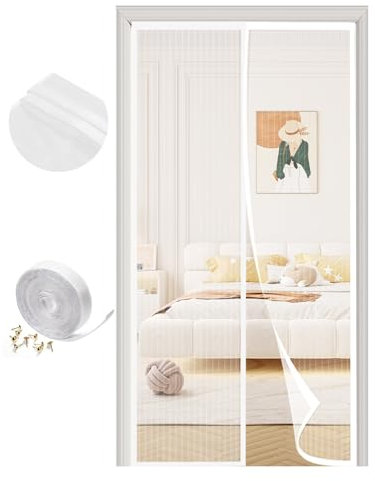 Versión Actualizada Mosquitera Puerta Magnética 160x220 cm, Varios Tallas, Blanco Cortina Mosquitera Puerta Exterior, Se Cierra Automáticamente, Fácil Instalación sin Taladrar