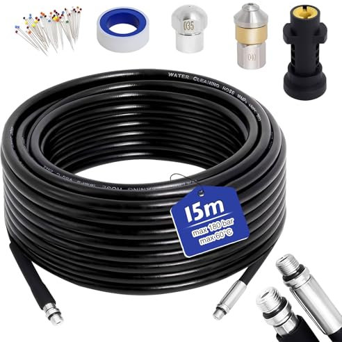 TUAKIMCE Rohrreinigungsschlauch 15m für Kärcher K2 K3 K4 K5 K6 K7，180bar 60°C Rohrreinigungs Set，Hochdruckreiniger Hochdruckschlauch für Verstopfung und Reinigung des Abflusses