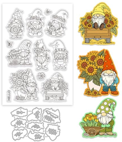 GLOBLELAND Sonnenblumen Gnom Silikonstempel Metall Stanzformen Malschablonen Für Die Kartenherstellung Tulpen Zwerg Schmetterlinge Stempel Stanzformen Schablonen Set Für DIY Scrapbooking Kunsthandwerk