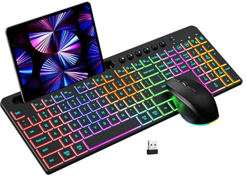 Goshyda Clavier sans Fil et Combo de Souris, Clavier de Rétroéclairage RVB 2,4 G avec 6 Touches de Contrôle Multimédia, pour Ordinateur Portable de Bureau D'ordinateur