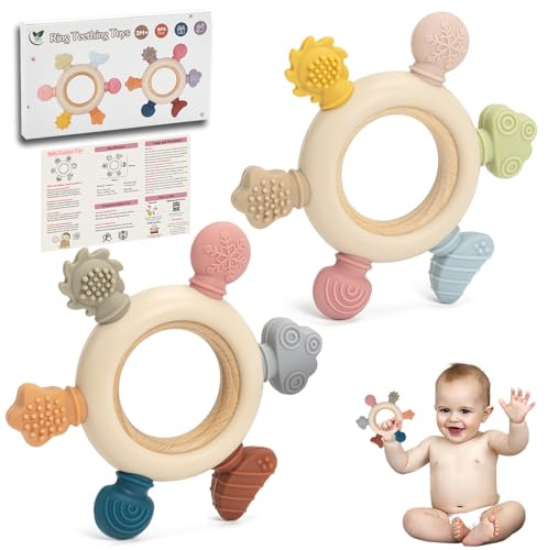 Lot de 2 anneaux de dentition pour bébé, jouets de dentition en silicone sans BPA de 0, 3, 6, 12 mois, jouets à mâcher pour tout-petits nourrissons, Noël, anniversaire