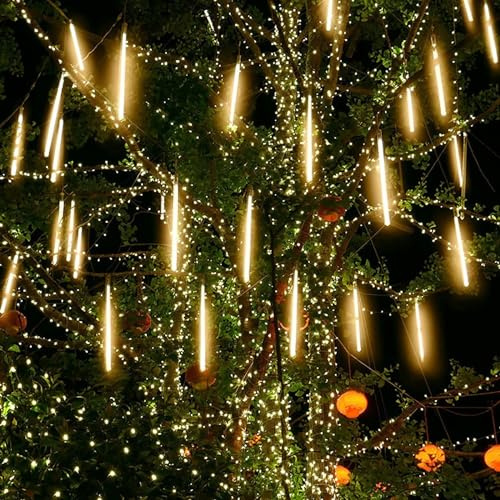 VUIKLCty Lumières extérieures de Douche de météores, lumières connectables Extensibles, Rideau Lumineux de décoration étanche(Warm White,30cm 8 Tube 192leds)