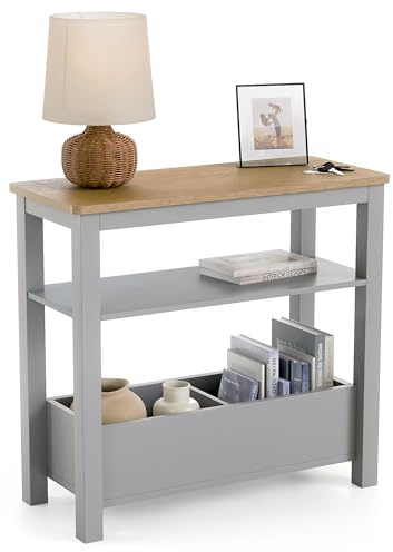 CHRISTOW Slim Console Table, Grey | Modern Hallway & Sofa Side Table, Oak-Effect Top, Middle Shelf, 2 Storage Compartments, Durable MDF, H60cm x W65cm x D28cm