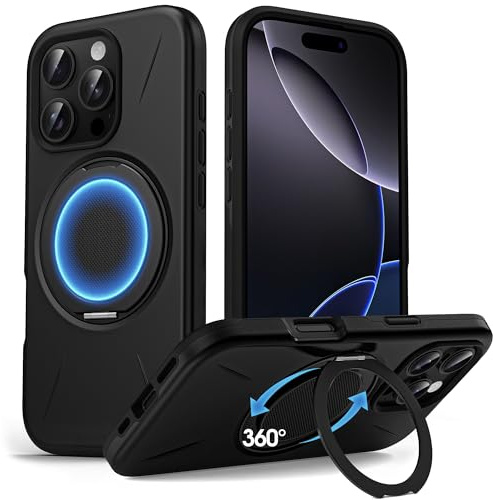 Flyzoo Armor Magnetic Stand Case for iPhone 16 Pro - with 360° Rotatable Ring Kickstand Holder [Compatible with MagSafe] [Military Grade Drop Protection] Heavy Duty Shockproof Cover 6.3, Black