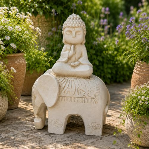 INtrenDU Buddha Figur Garten groß 56 cm – Elefant, wetterfeste Deko | Aus Magnesia, Für draußen – Terrasse & Balkon, Zen & Feng Shui, Steinoptik Creme/Weiß