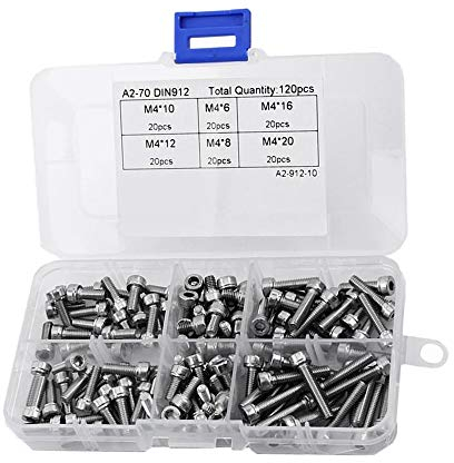 M3 Schrauben Set, 120pcs M4 Innensechskant Kopfschrauben Zubehör Kit DIN912 304 Edelstahl M4 × 6/8/10/12/16/20 Vollgewinde Unifarben