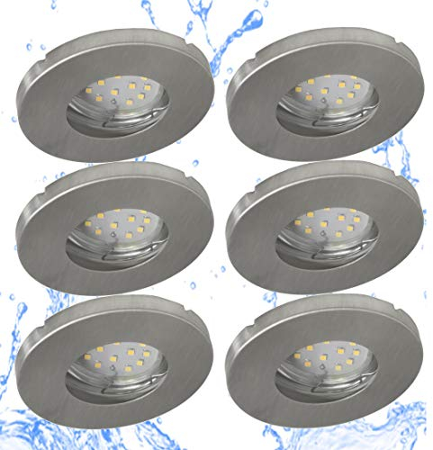 Trango 6er Set 6729IP65-069MO IP65 LED Einbaustrahler in Aluminium gebürstet inkl. 6x 5 Watt 3000K warmweiß Ultra Flach LED Modul für Bad, Dusche, Einbauspots, Deckenstrahler, Deckenlampe, Badleuchte