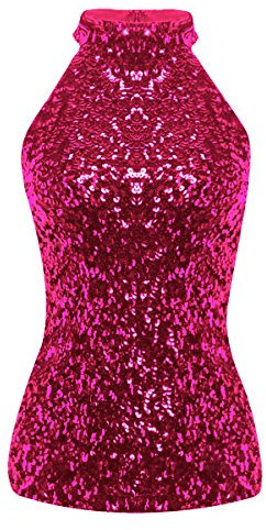ranrann Débardeur Femme Sexy Paillette Camisole Brillant Slim Fit Top Eté sans Manches Caraco Haut Gilet Bretelles T-Shirt Tank Top Epaule Nue Costume Disco Danse Clubwear Rose Taille Unique
