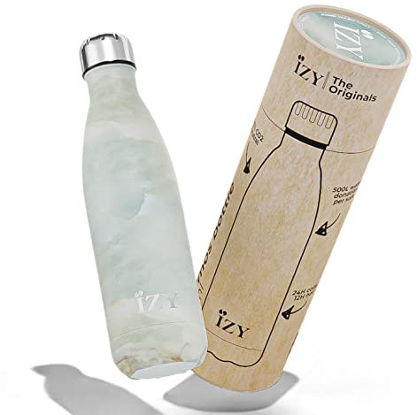 IZY Trinkflasche, Marmor, Grün, Wasserspende, Thermoskanne, Wasserflasche, Thermobecher, BPA-frei, Trinkflasche aus rostfreiem Stahl, Heiß oder kalt für 12 Stunden, 500 ml