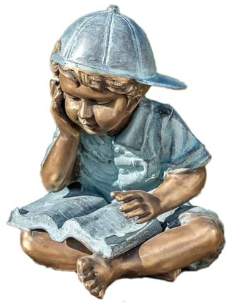 IDYL Bronze-Skulptur Lesender Junge | 29x24x25 cm | Kinderfigur aus Bronze handgefertigt | Hochwertiges Kunsthandwerk | Wetterfest