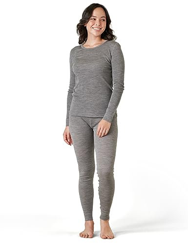 LAPASA Merino Wolle Thermounterwäsche Set Damen, Merinowolle warm Unterhemd Langarmshirt & Thermo Unterhosen Leggings (L58), Grau meliert (Warm), S