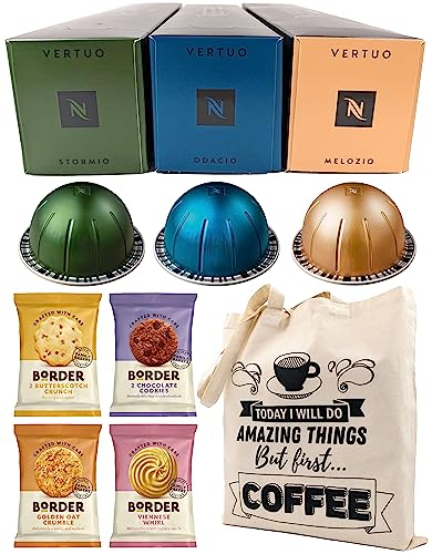 Coffee Pod Variety Pack for Nespresso Vertuo Machine - Stormio, Odacio, Melozio - 3 Boxes (30 Pods) Bundled with Border Biscuits and Reusable Tote Bag