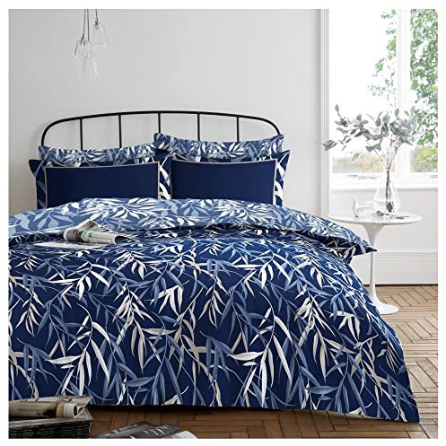 Lions Complete Bedding Set - 4 Pcs Tropical Palm Leaves Navy Blue 1x Double Duvet Covers with 1x Fitted Sheets and Pillowcase Reversible Soft Poly Cotton Quilt Covers Bed Girls Women