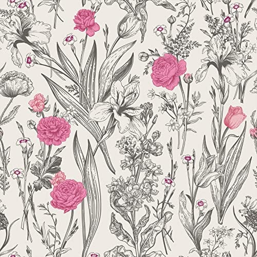 VEELIKE Papier Peint Fleur Beige Pivoine Rose Mural Rouleau Papier Peint Feuillage Tropicales Papier Adhesif pour Meuble Vintage Stickers Muraux Salle de Bain Chambre Armoire Salon 44,5cm x 300cm