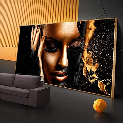 Übergroße moderne Kunst, schwarz-goldene Frau, Leinwandgemälde, afrikanische Wandkunst, Drucke, skandinavische Bilder für Wohnzimmer, 60 x 123 cm/24 x 49 Zoll, mit goldenem Rahmen