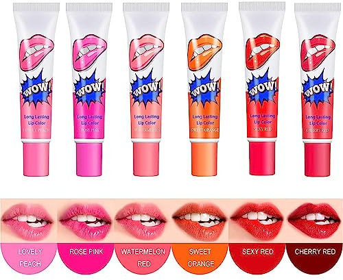 FVIZAL peel off lip stain, 6 pcs lip stain peel off, Tattoo Magic Color Lip Gloss Sets, 6 Colors, Lip Stain for Women Colorful Glossy Lipstick Waterproof Tint Long Lasting Cosmetic Gift Set For Girls