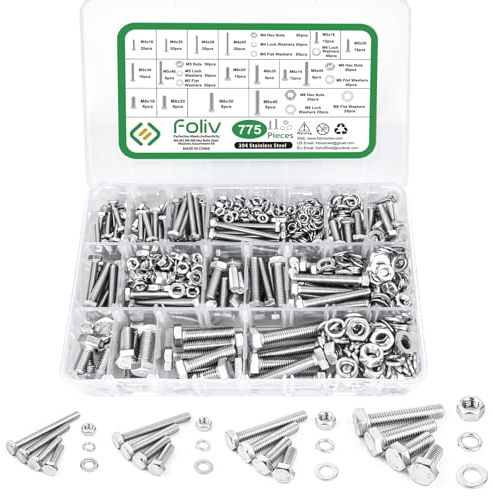 Foliv 775 Stück M4 M5 M6 M8 Sechskantschrauben Edelstahl A2 Schrauben Set mit Muttern Unterlegscheiben DIN933 Bolzen Vollgewindeschrauben Maschinenschrauben Gewindeschrauben zur Reparatur